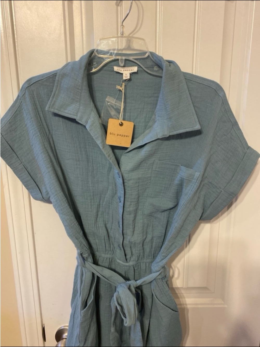 Blu Pepper Dusty Blue Button-Front Waist-Tie Romper